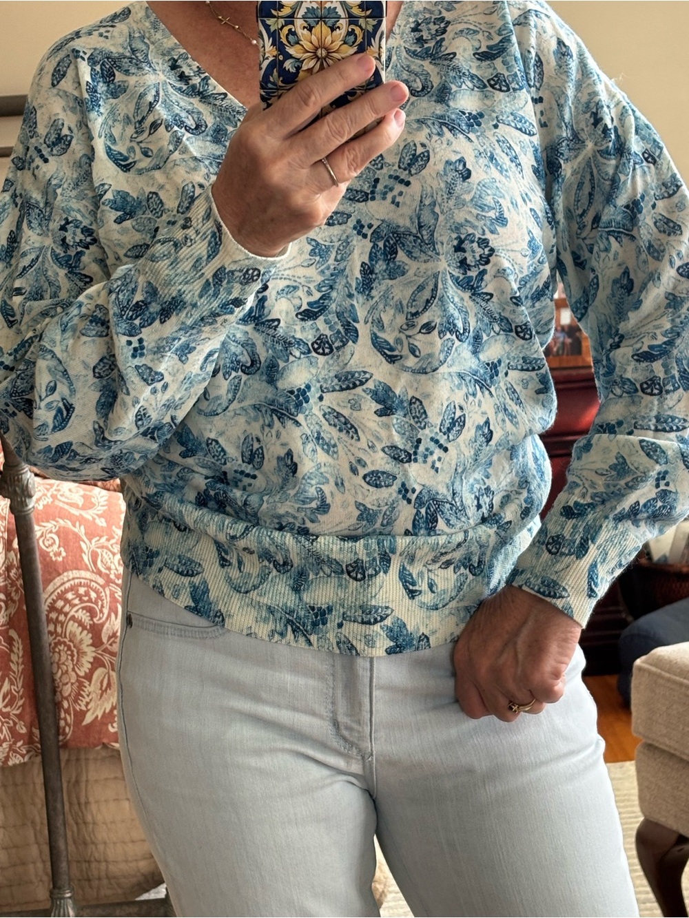 Garnet Hill Light Blue and Navy Floral V-Neck Pullover